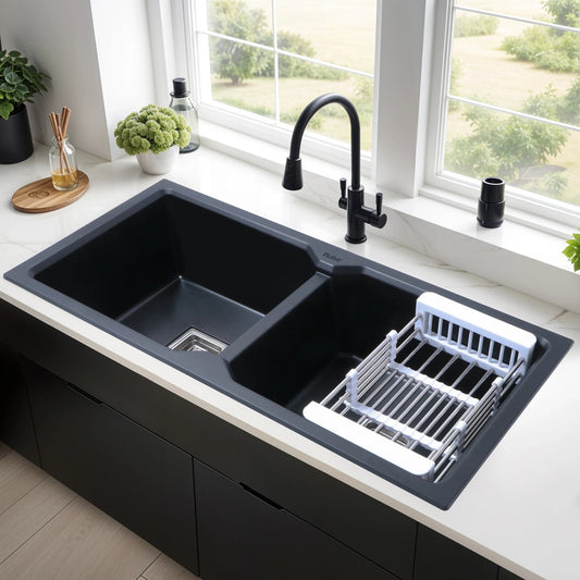 Quartz Double Bowl Black Kitchen Sink (45 x 20 x 9 inches)