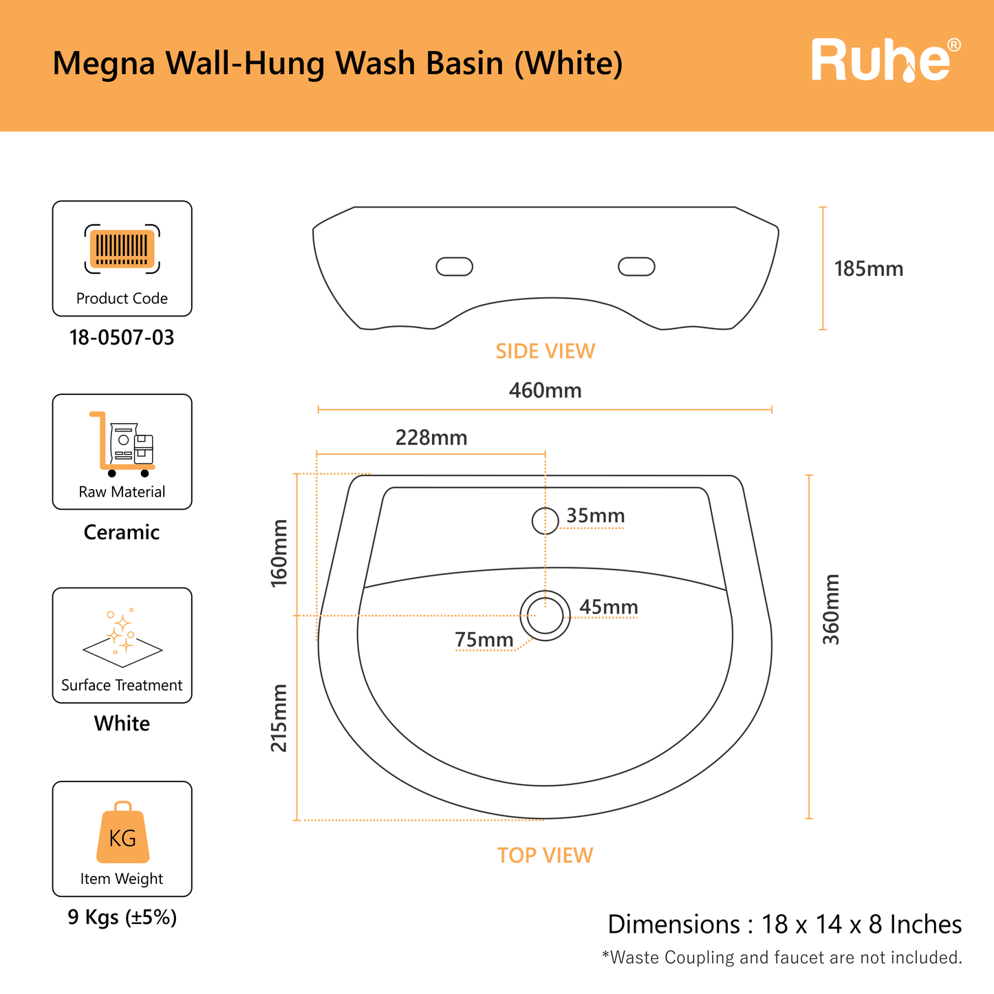 Megna Wall-hung Wash Basin (dimensions)