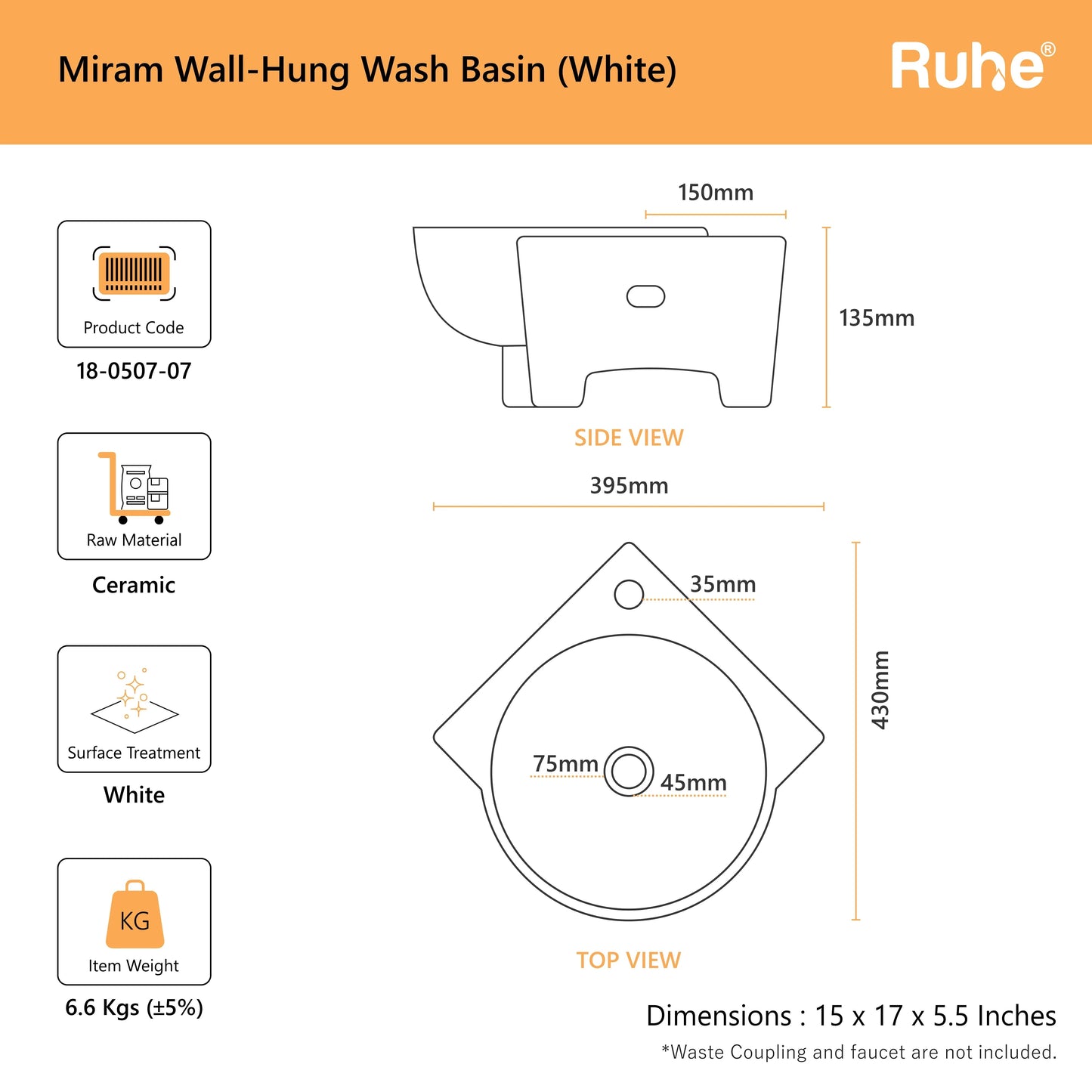 Miram Wall-hung Wash Basin (dimensions)