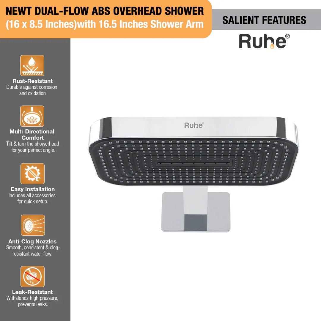 Newt Dual-Flow ABS Overhead Shower (16 x 8.5 Inches) with 16.5 Inches Shower Arm