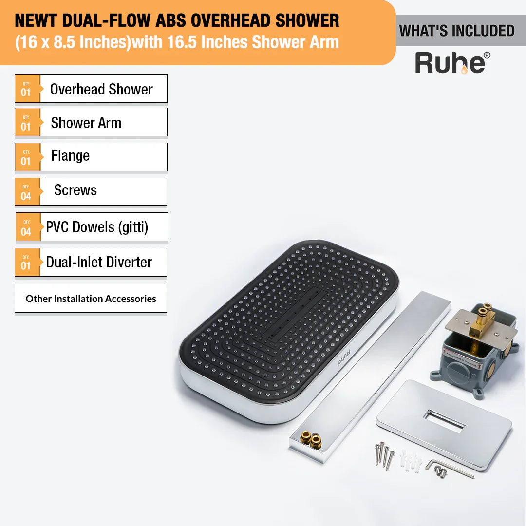 Newt Dual-Flow ABS Overhead Shower (16 x 8.5 Inches) with 16.5 Inches Shower Arm