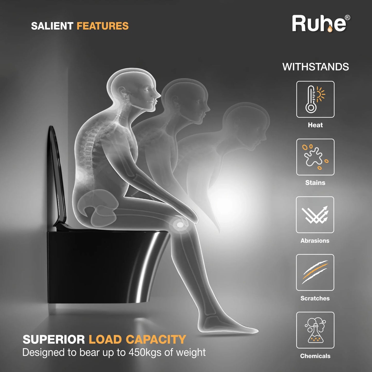 Noir Wall-Hung Western Commode, Superior Load Capacity