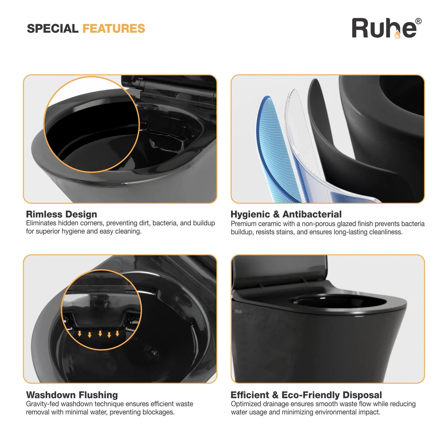Noir Wall-Hung Western Commode, rimless design