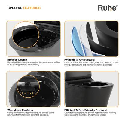 Noir Wall-Hung Western Commode, rimless design