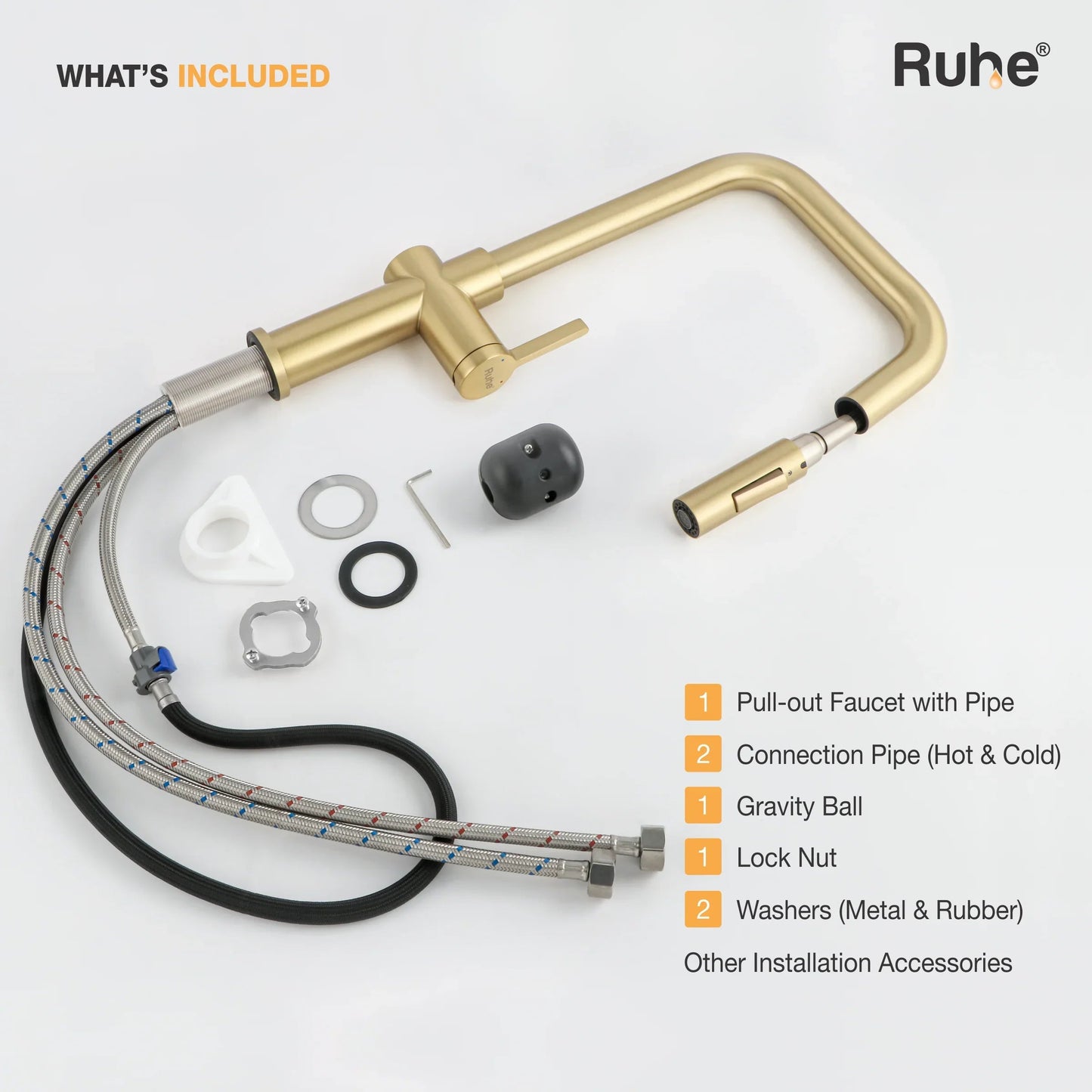 Opulo Dual Flow Pull-Out Kitchen Mixer Faucet Brushed Gold Package Contains