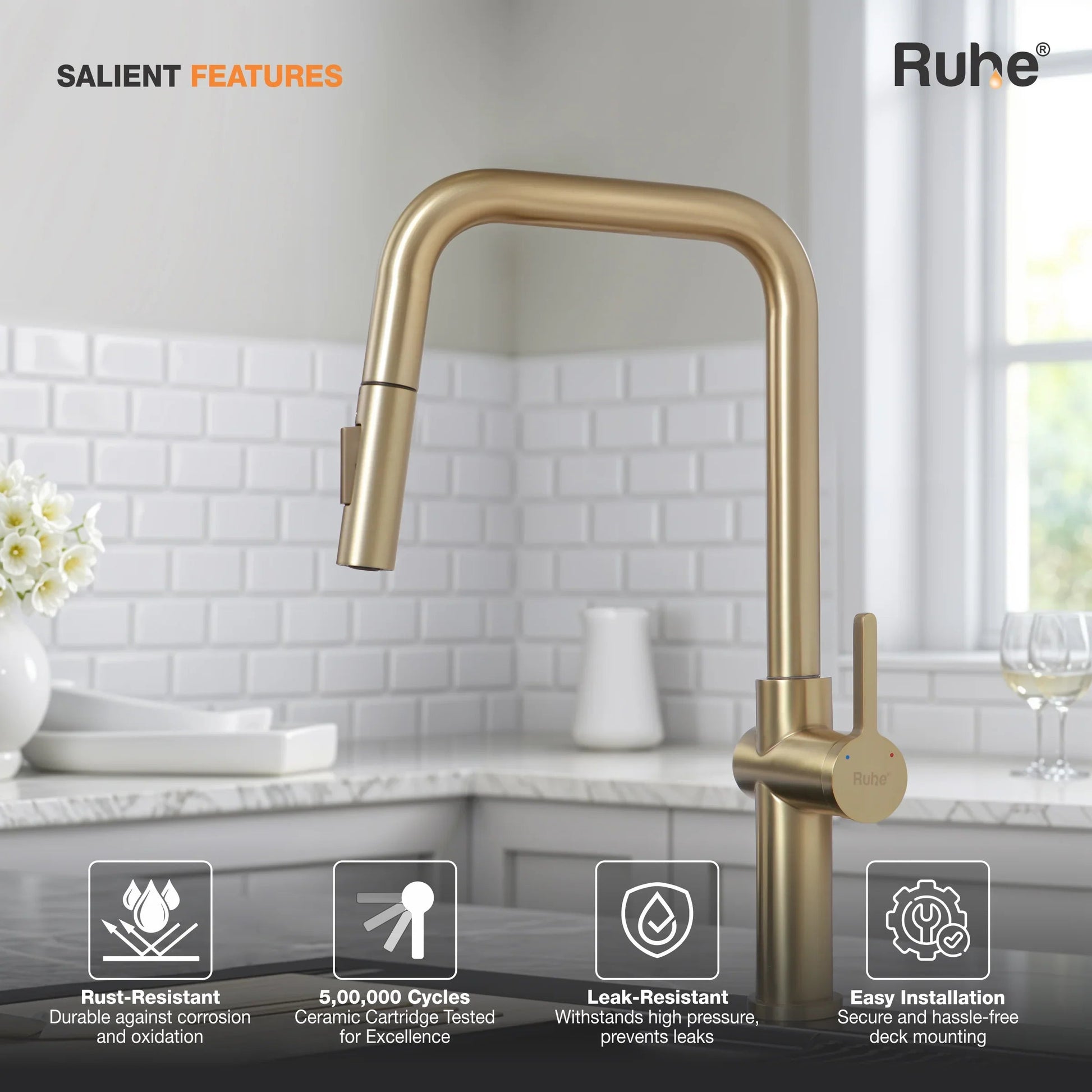 Opulo Dual Flow Pull-Out Kitchen Mixer Faucet Brushed Gold Salient Features