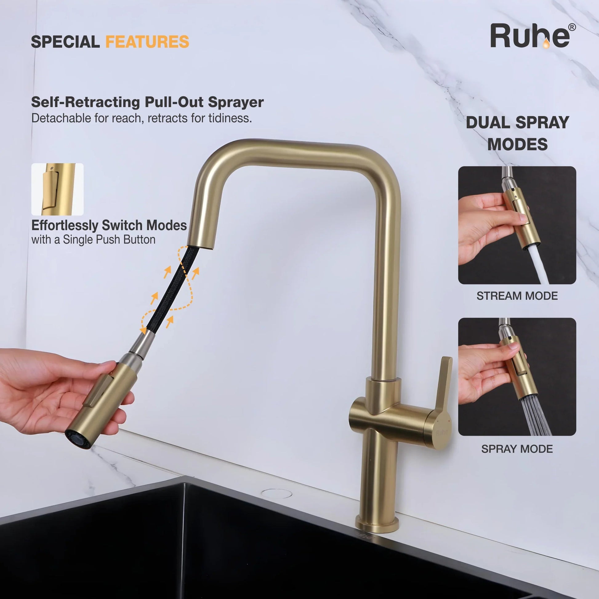 Opulo Dual Flow Pull-Out Kitchen Mixer Faucet Brushed Gold Spray Modes