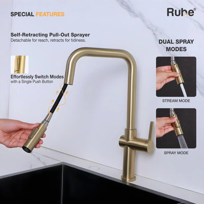 Opulo Dual Flow Pull-Out Kitchen Mixer Faucet Brushed Gold Spray Modes