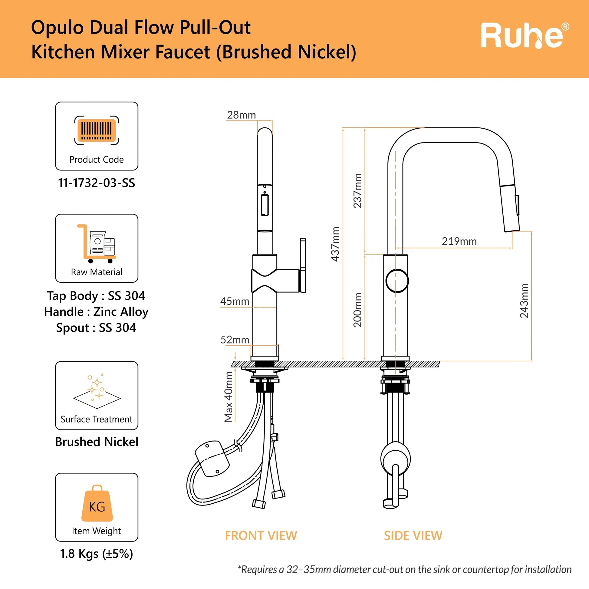 Opulo Dual Flow Pull-Out Kitchen Mixer Faucet Brushed Nickel Dimensions