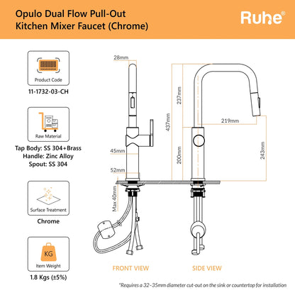 Opulo Dual Flow Pull-Out Kitchen Mixer Faucet Dimensions