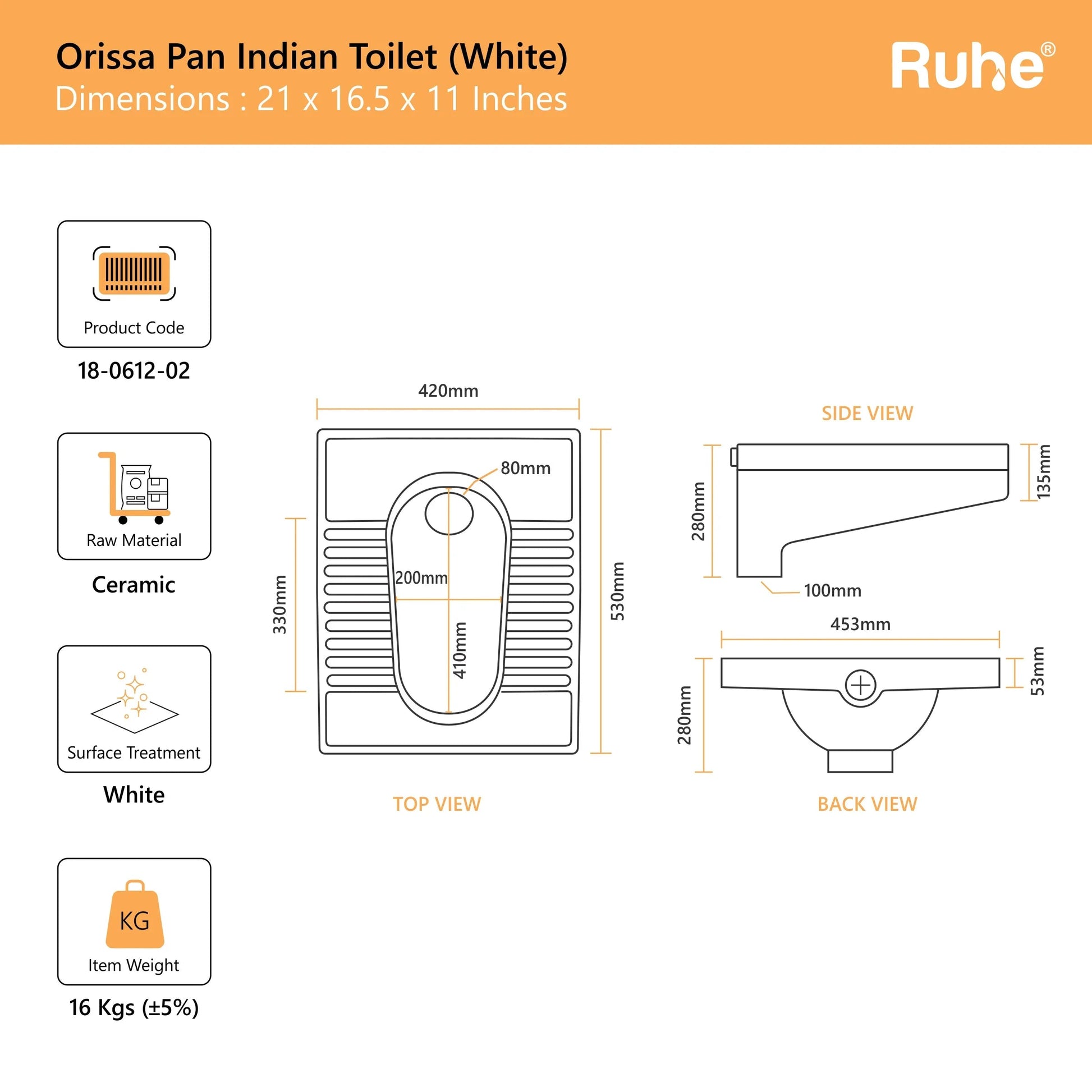 Orissa Pan Indian Toilet (21 x 16.5 x 11 inches)(Dimensions)