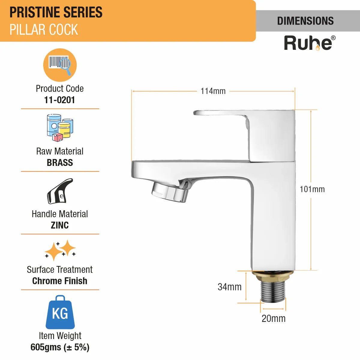 Pristine Pillar Tap Brass Faucet dimensions and size