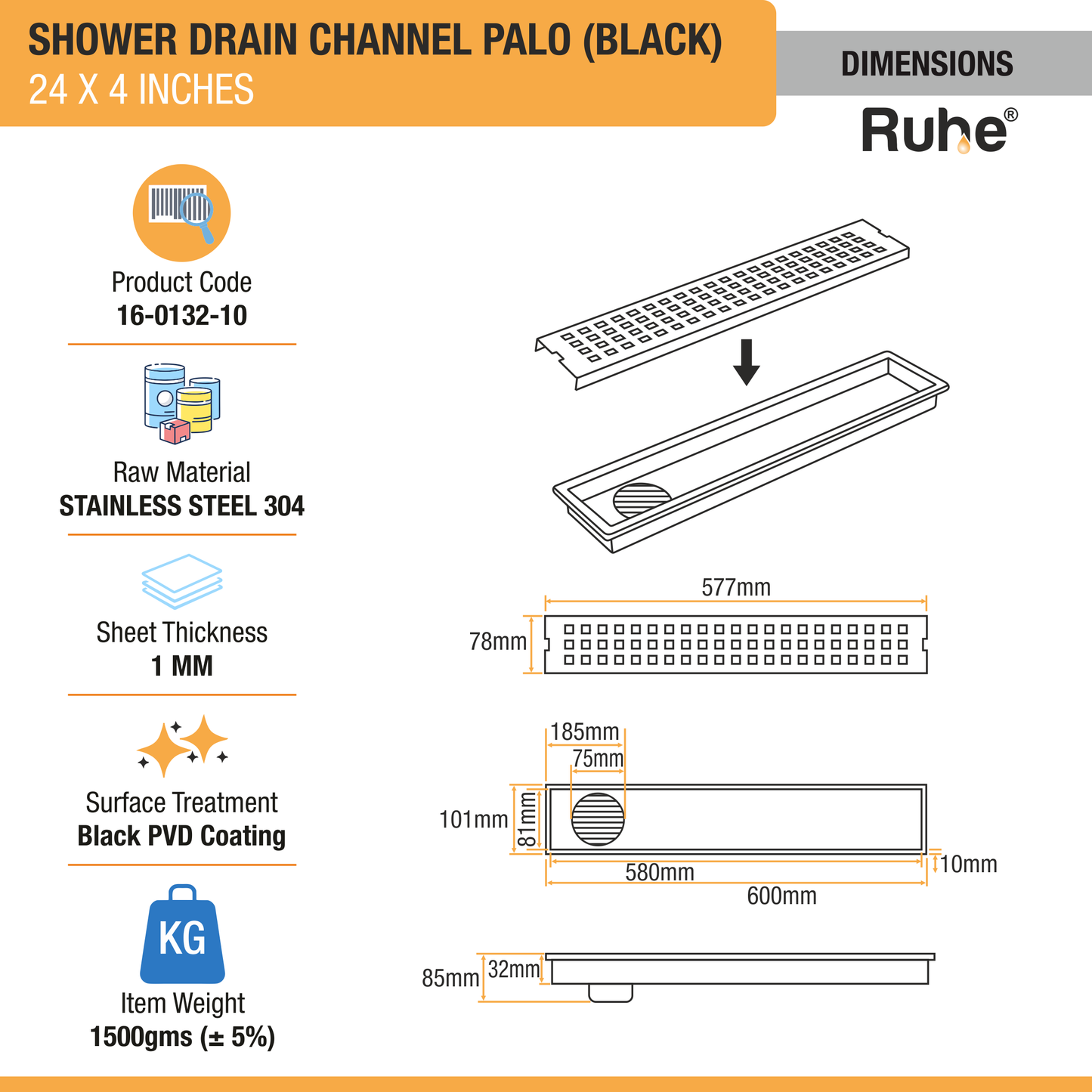 Palo Shower Drain Channel (4 Inches)