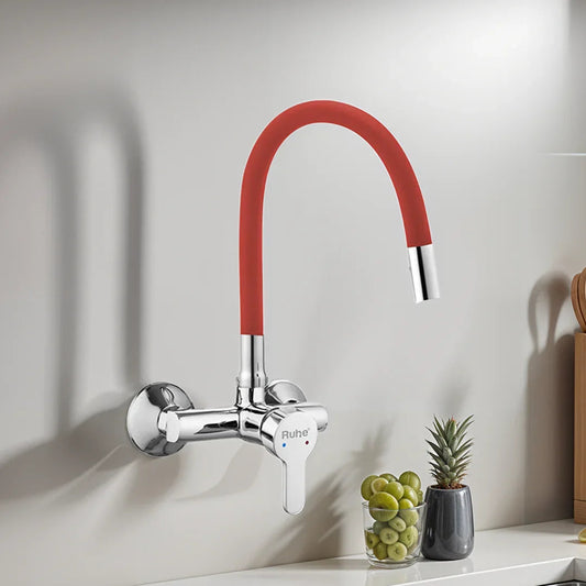 Pavo Single Lever Wall-mount Kitchen Sink Mixer Tap with Red Silicone Spout - by Ruhe