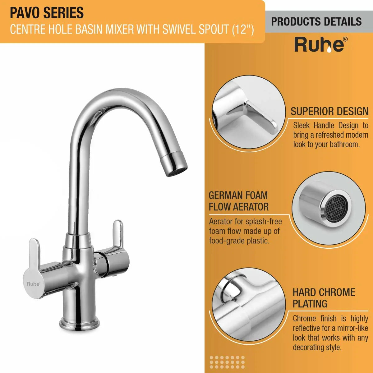 Pavo Centre Hole Basin Mixer Brass Faucet with Small (12 inches) Round Swivel Spout product details with superior design, foam flow aerator, chrome plating
