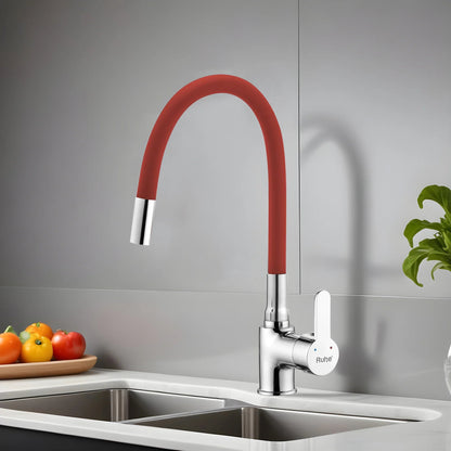 Pavo Single Lever Deck-mount Kitchen Sink Mixer Tap with Red Silicone Spout - by Ruhe