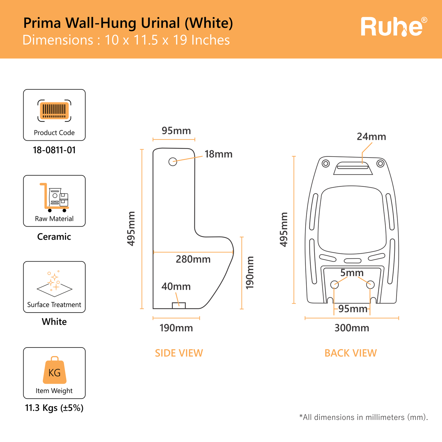 Prima Wall-Hung Urinal (White)(Dimensions)