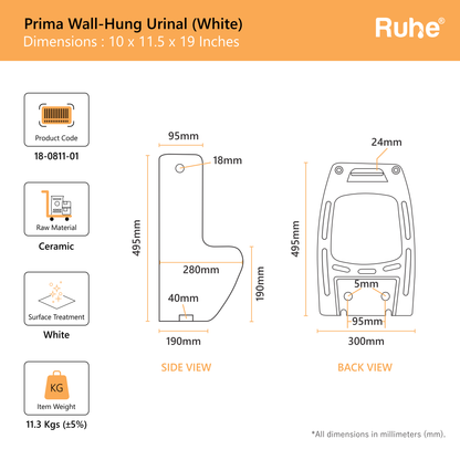 Prima Wall-Hung Urinal (White)(Dimensions)