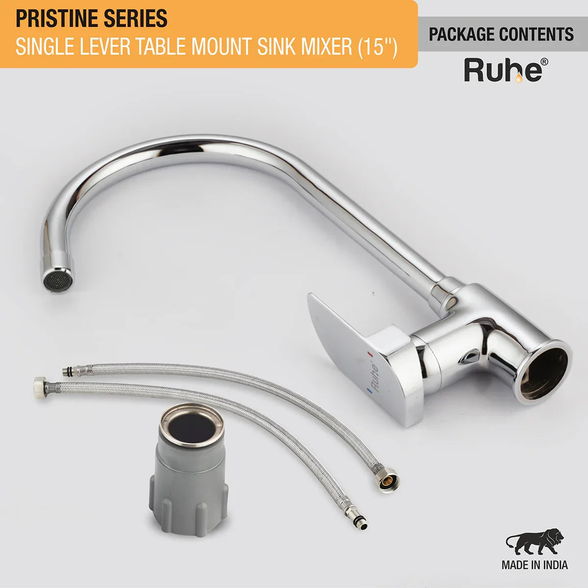 Pristine Single Lever Table-Mount Sink Mixer Brass Faucet with Medium (15 Inches) Round Swivel Spout package