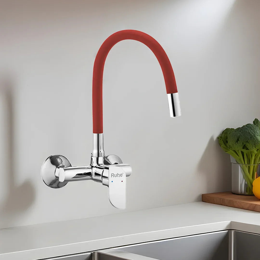 Pristine Single Lever Wall-mount Kitchen Sink Mixer Tap with Red Silicone Spout - by Ruhe