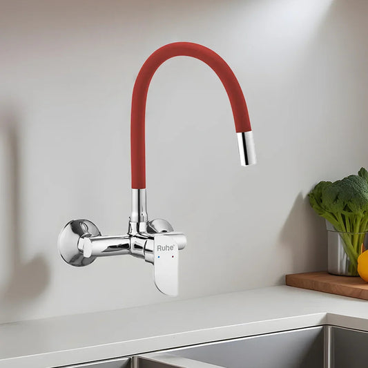 Pristine Single Lever Wall-mount Kitchen Sink Mixer Tap with Red Silicone Spout - by Ruhe