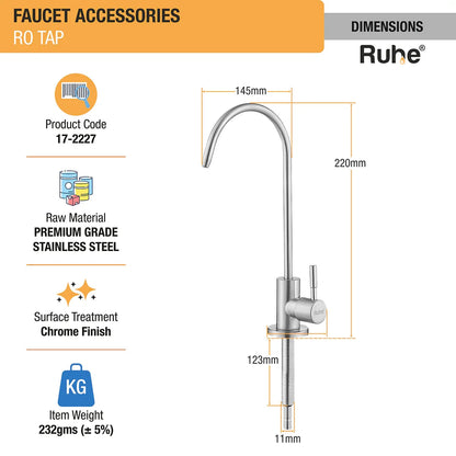 RO Tap/Faucet (Premium Stainless Steel) dimensions and sizes