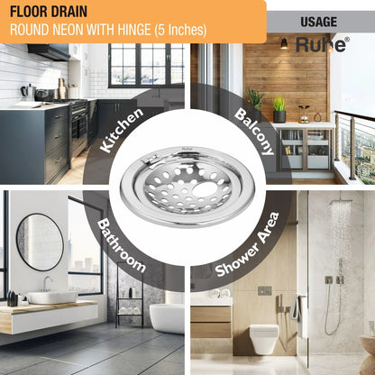 Neon Round Floor Drain (5 Inches) with Hinged Grating Top & Hole (Pack of 2) usage