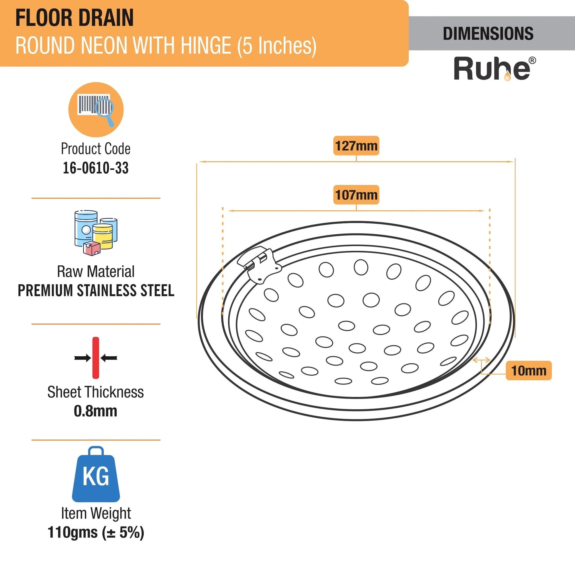 Neon Round Floor Drain (5 Inches) with Hinged Grating Top (Pack of 2) dimensions and sizes