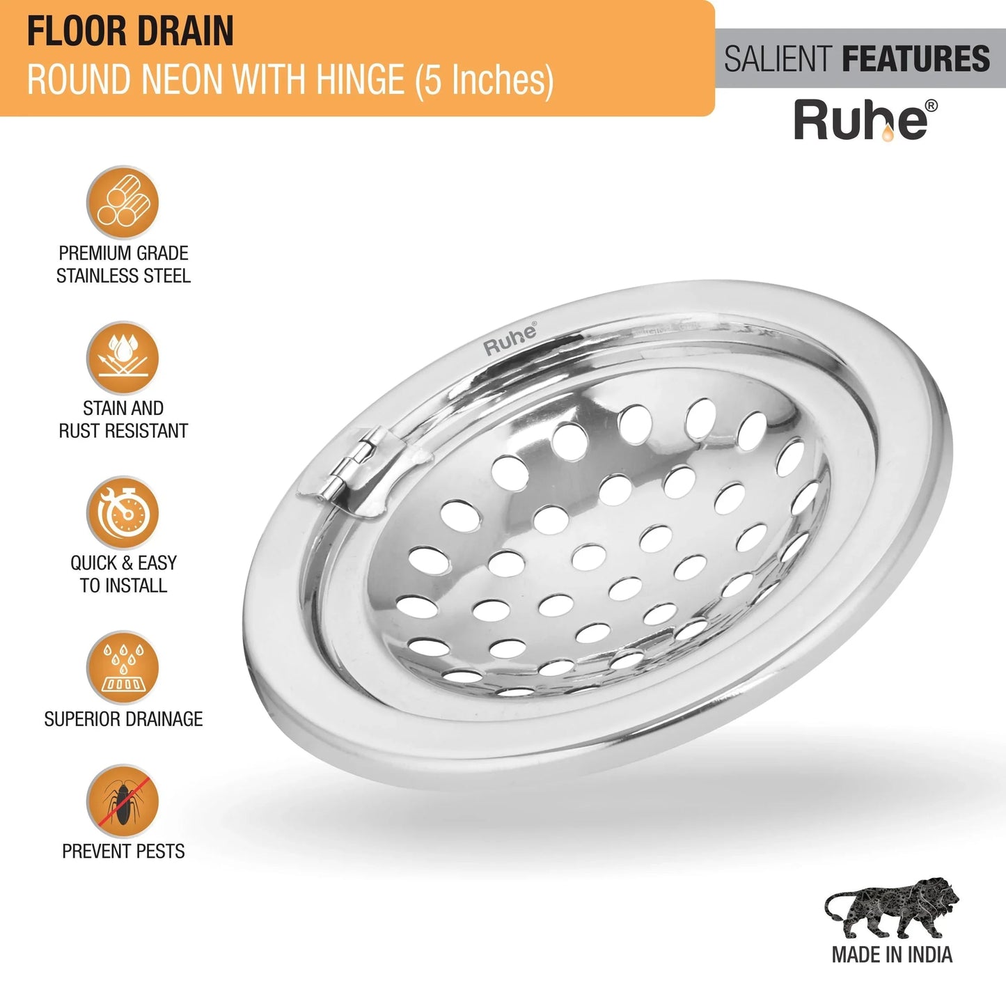 Neon Round Floor Drain (5 Inches) with Hinged Grating Top (Pack of 2) features