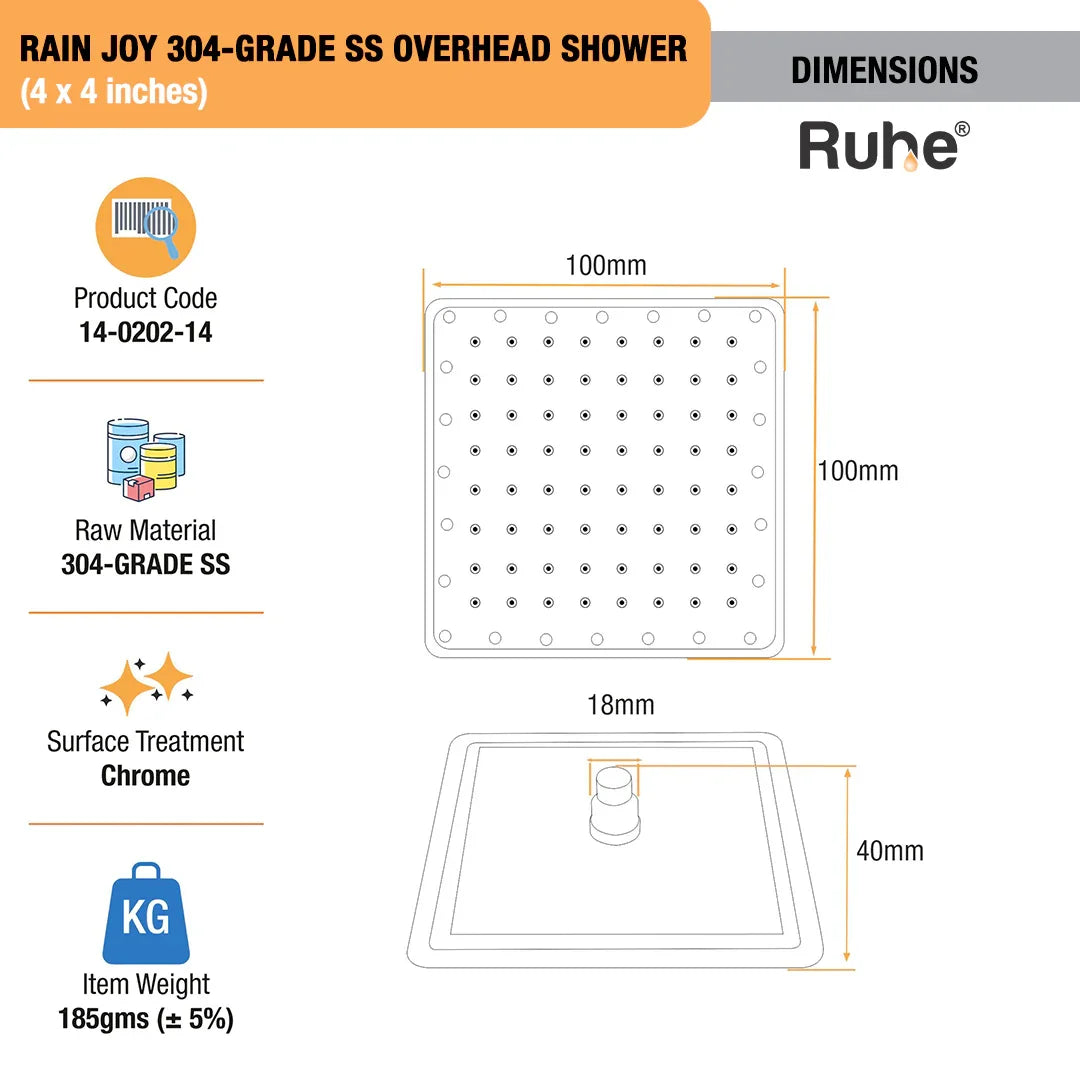 Rain Joy 304-grade SS Overhead Shower (4 x 4 Inches)