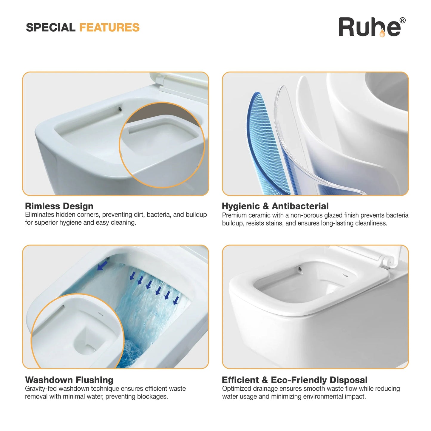 Risa Wall Hung Western Commode, rimless design