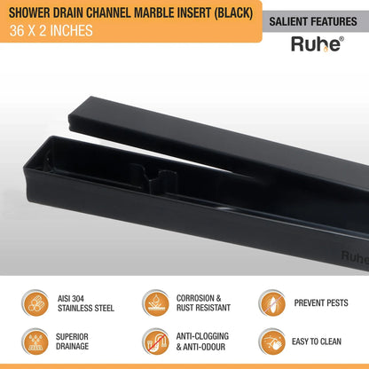 Marble Insert Shower Drain Channel (36 x 2 Inches) Black PVD Coated - by Ruhe