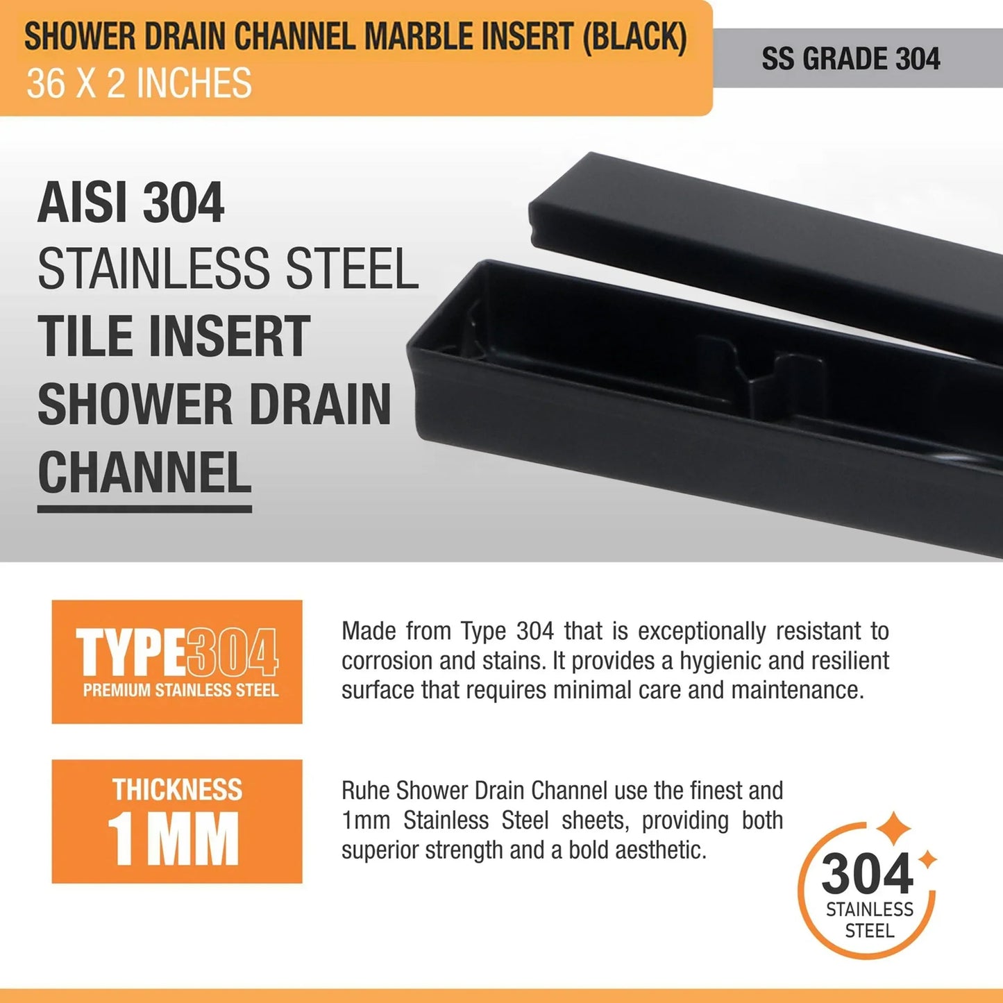 Marble Insert Shower Drain Channel (36 x 2 Inches) Black PVD Coated - by Ruhe