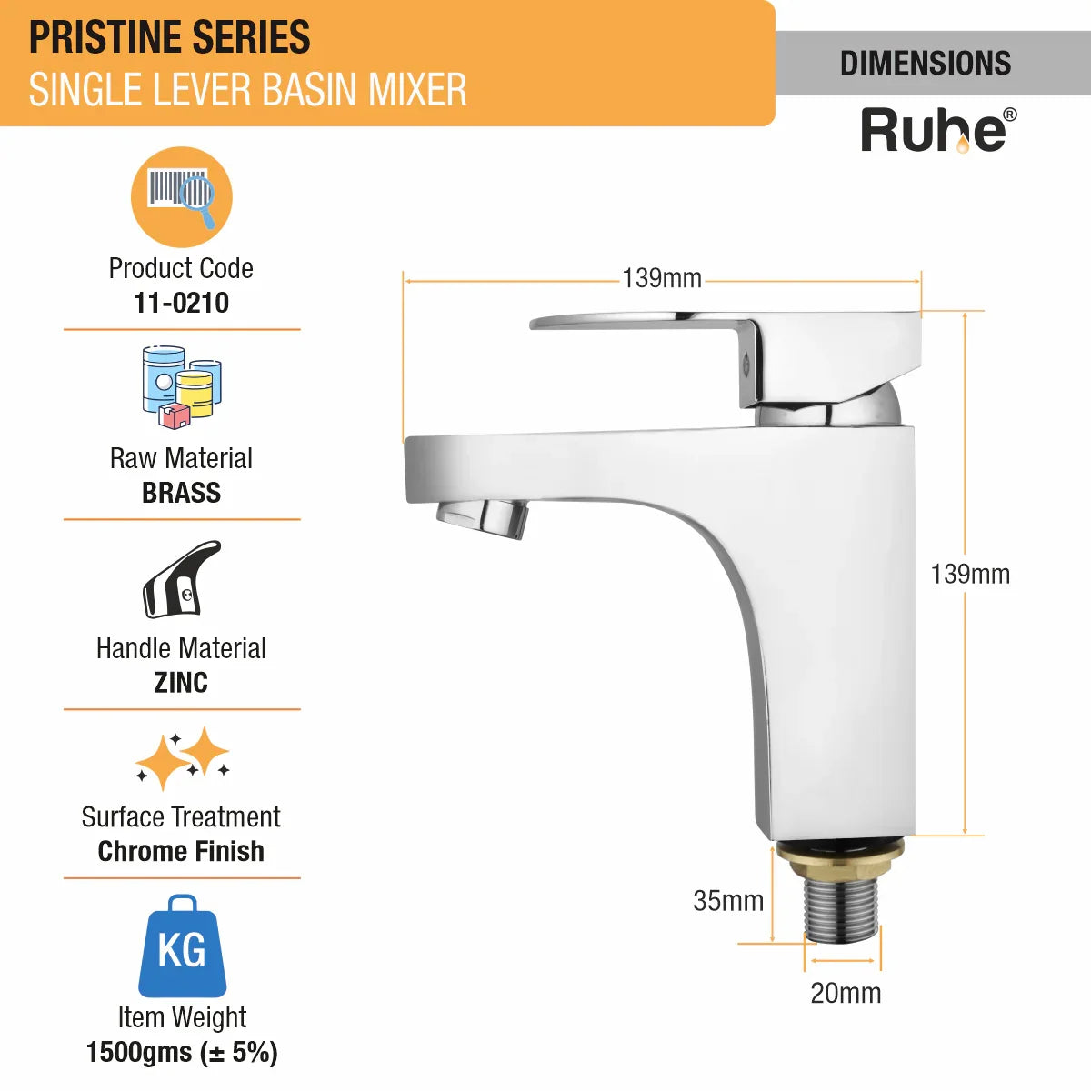 Pristine Single Lever Basin Brass Mixer Faucet dimensions and size
