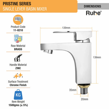Pristine Single Lever Basin Brass Mixer Faucet dimensions and size