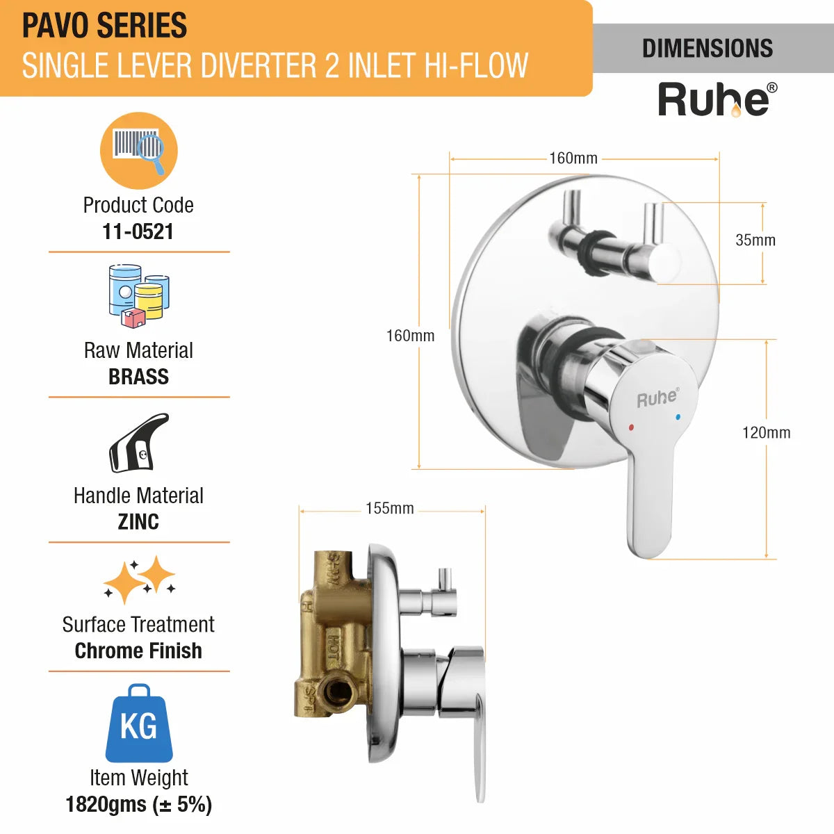 Pavo Single Lever 2-inlet Hi-Flow Diverter (Complete Set) dimensions and size