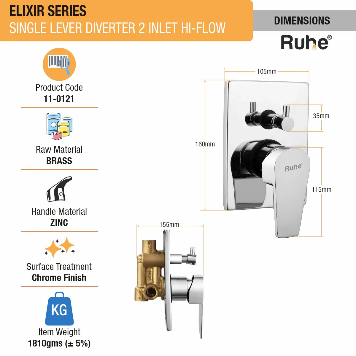 Elixir Single Lever 2-inlet Hi-Flow Diverter (Complete Set) dimensions and size