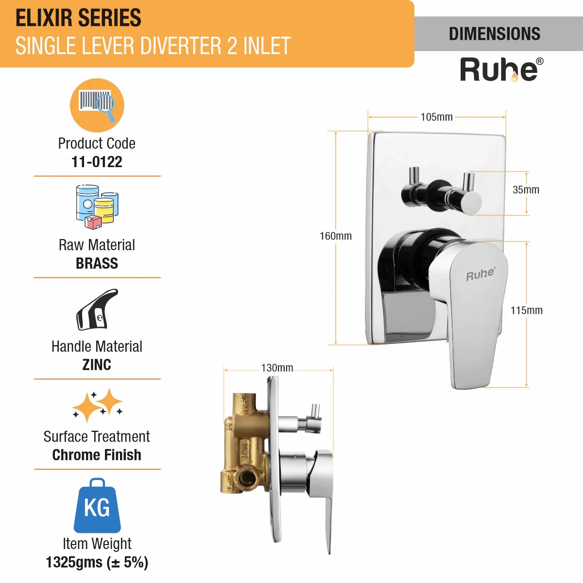 Elixir Single Lever 2-inlet Diverter (Complete Set) dimenions and size