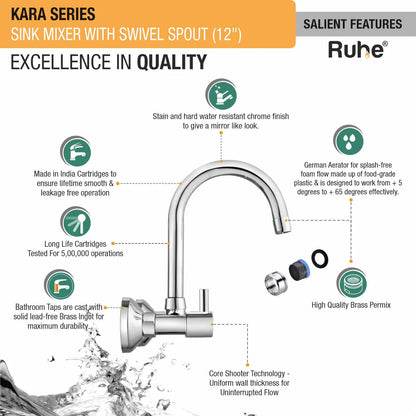 Kara Sink Mixer with Small (12 inches) Round Swivel Spout Faucet features