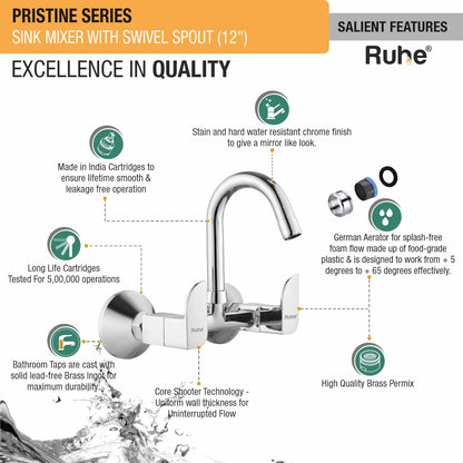 Pristine Wall Mount Kitchen Sink Mixer Tap with Swivel Spout