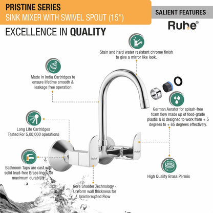 Pristine Wall Mount Kitchen Sink Mixer Tap with Swivel Spout
