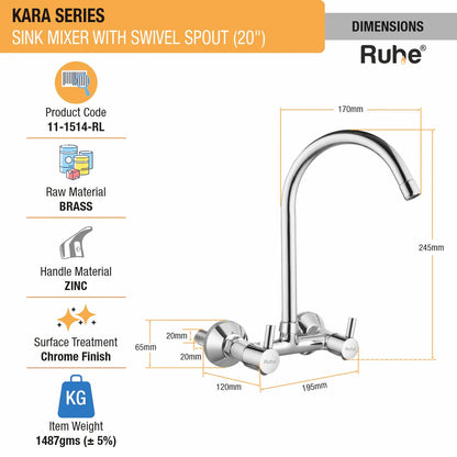Kara Sink Mixer with Large (20 inches) Round Swivel Spout Faucet dimensions and size