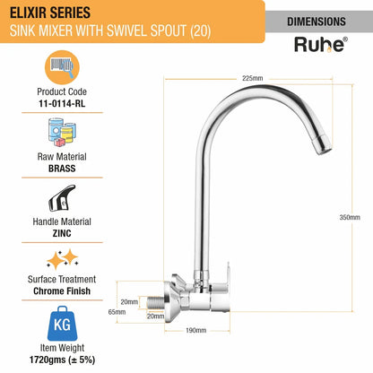 Elixir Wall Mount Kitchen Sink Mixer Tap with Swivel Spout