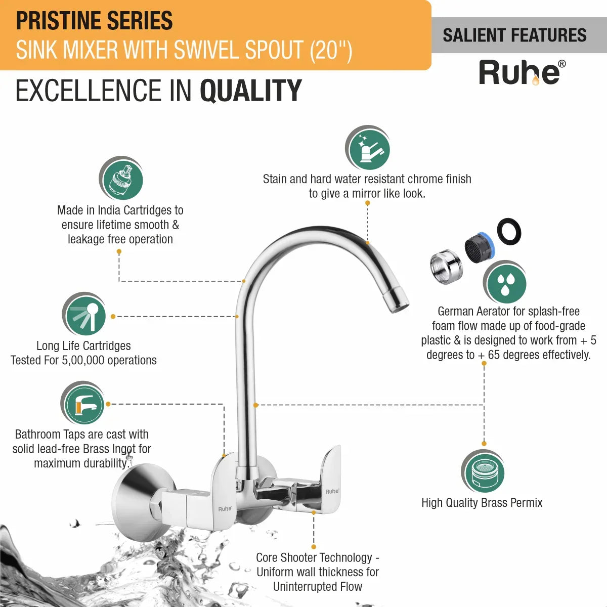 Pristine Wall Mount Kitchen Sink Mixer Tap with Swivel Spout
