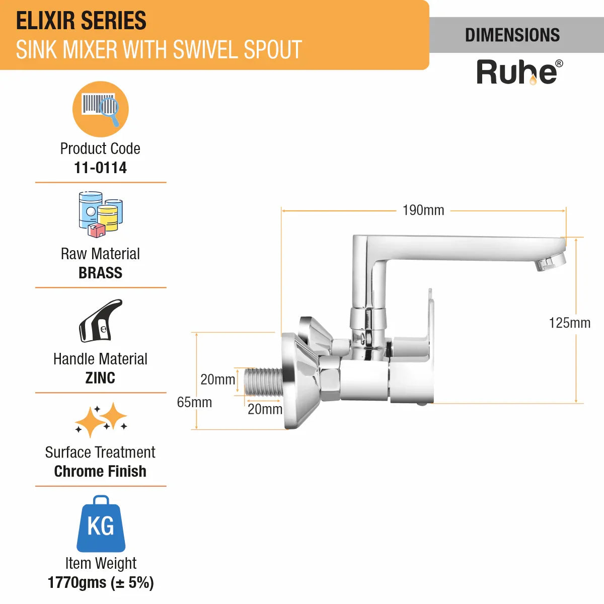 Elixir Sink Mixer with Small (7 inches) Swivel Spout Faucet dimensions and size