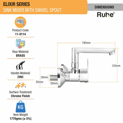 Elixir Sink Mixer with Small (7 inches) Swivel Spout Faucet dimensions and size