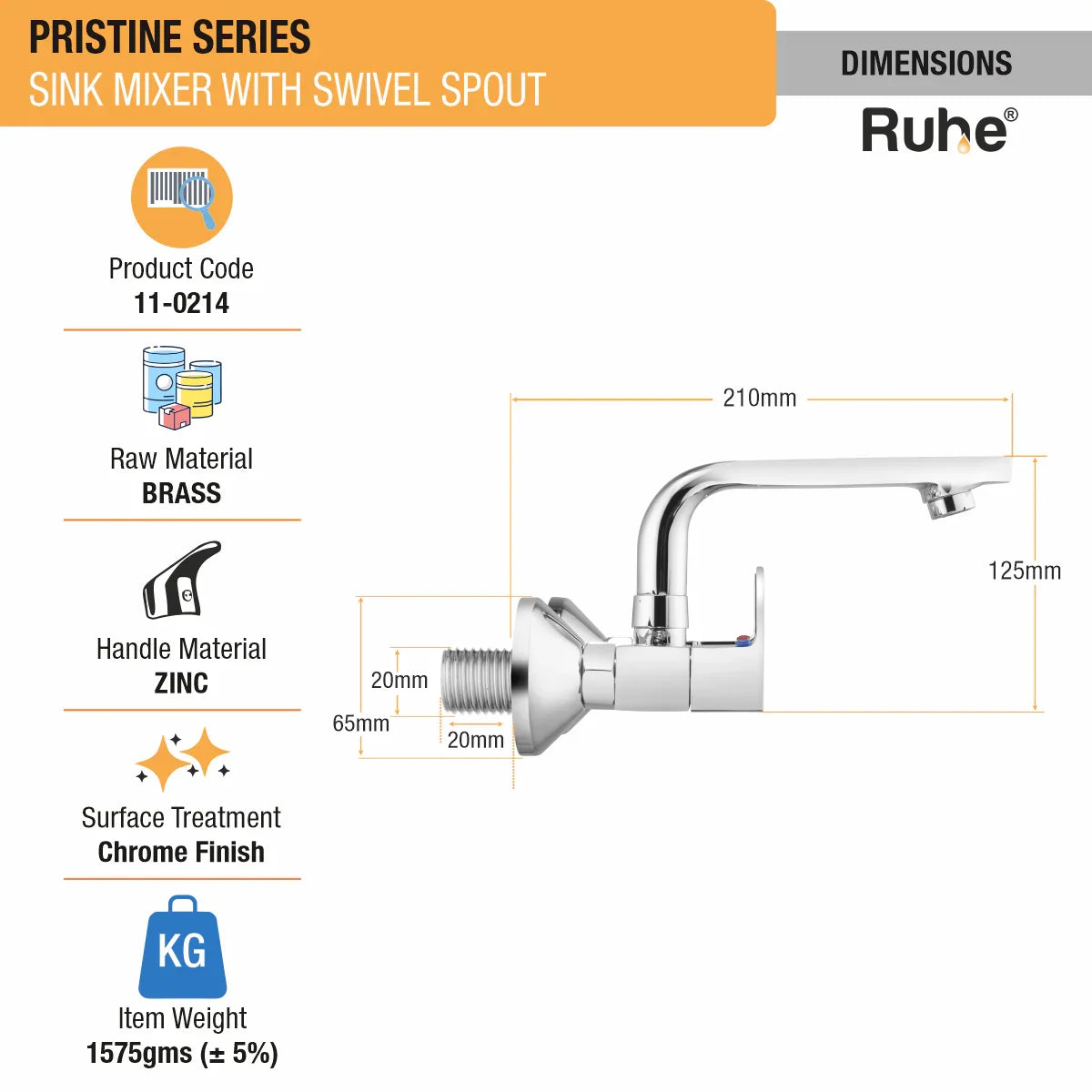Pristine Sink Mixer with Small (7 inches) Swivel Spout Faucet dimensions and size