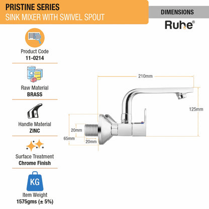 Pristine Sink Mixer with Small (7 inches) Swivel Spout Faucet dimensions and size