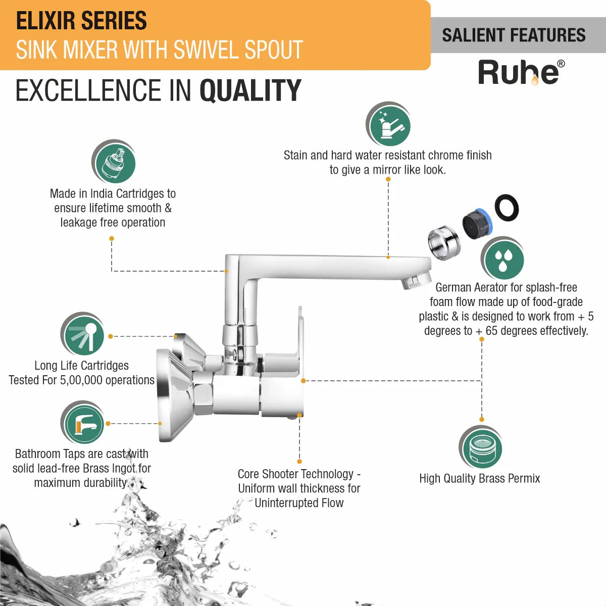 Elixir Sink Mixer with Small (7 inches) Swivel Spout Faucet features