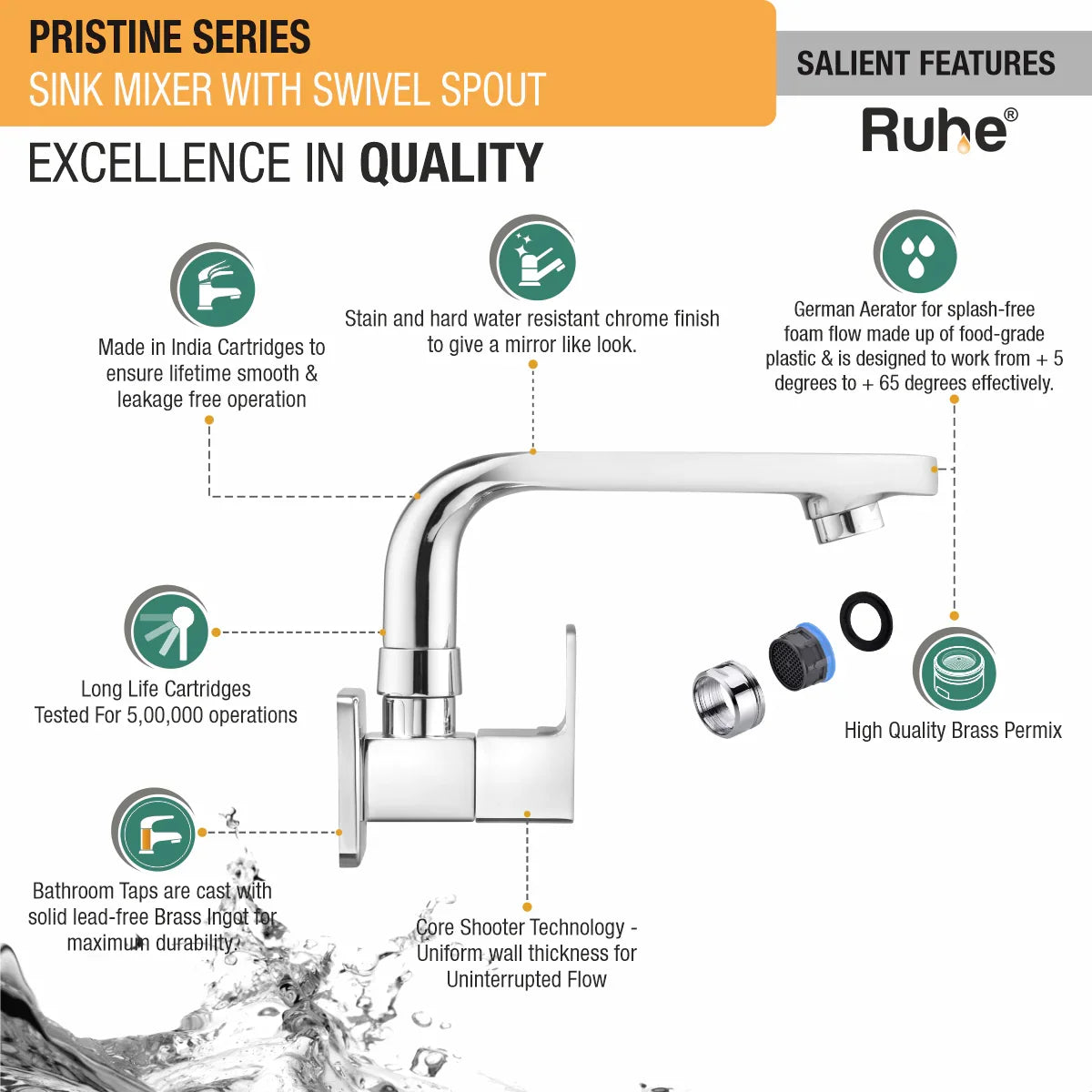 Pristine Sink Mixer with Small (7 inches) Swivel Spout Faucet features